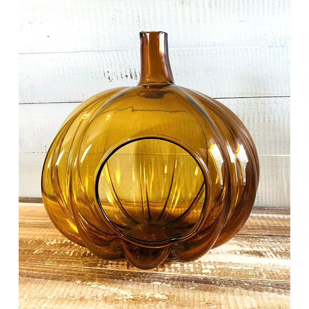Vintage Blown Amber Glass Pumpkin Candle Holder Poland 10